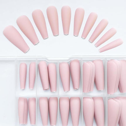 LoveOurHome 100pc Coffin Press on Nails Long Fake Nails Matte Full Cover False Nails Press ons Artificial Nail Medium Ballerina Fake Fingernail Nude Presson on Nail Tips for Women Kids Girls