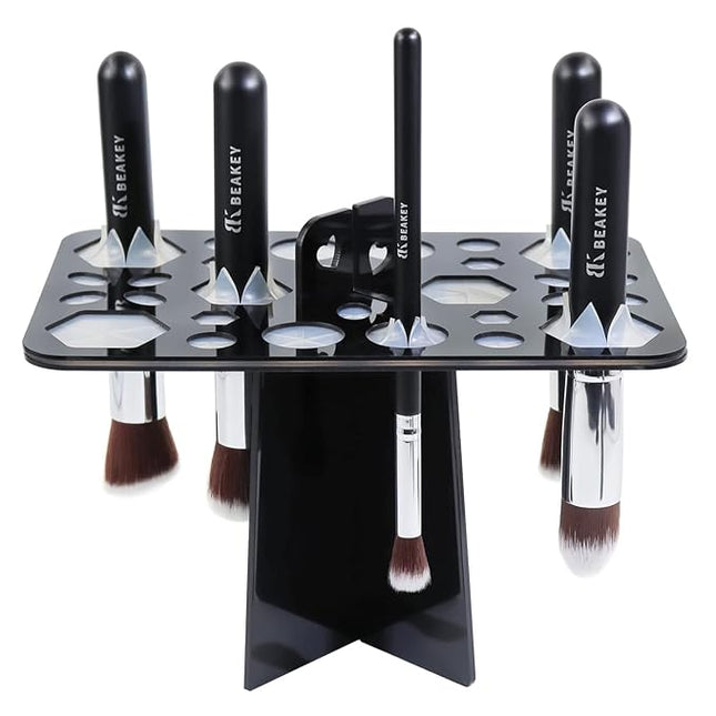 BEAKEY Make up Brush Drying Rack, Collapsible Makeup Brush Holder 28 Holes Makeup Brush Dryer Stand - Black