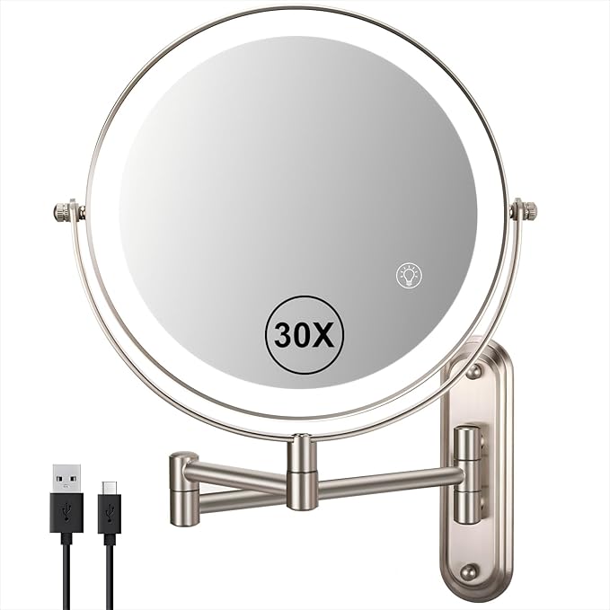 30X Wall Mounted Makeup Mirror with Lights,3 Color Modes Dimmable & Adjustable Double Side, Bathroom Vanity Makeup Mirror with 360 Rotation Extendable Swivel Arm,Magnifying Mirror - Brushed Nickel
