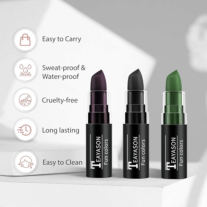 Purple Black Green Face Paint Halloween Makeup Kit, Matte Lipstick Set, Waterproof Body Paint Face Makeup for Halloween Ursula Witch Alien Frankenstein Zombie Clown Vampire Skeleton Skull Joker