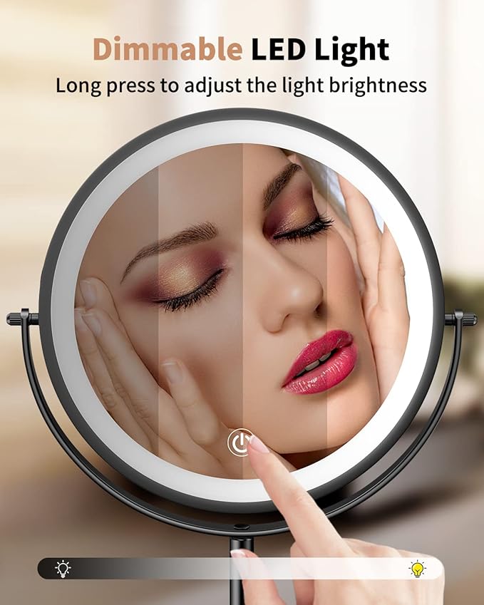 Gospire 8" Lighted Makeup Mirror with Magnification 10X/1X, 3 Color Lights & Dimmable Lighting, 360° Rotation Double Sided Rechargeable Cordless Vanity Cosmetic Standing LED Mirror for Makeup