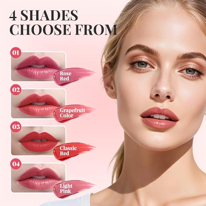 2 Pcs 4 Color Lip Gloss Peel Off, 2025 New Easy to Color Peel Off Lips Stain, Long Lasting Lip Tint, Nonstick Lip Gloss for Women (03Classic Red+04Light Pink)