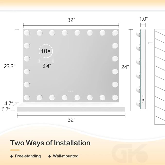 24 Extra Bulbs Vanity Mirror with Lights, 32WX24L Tabletop Hollyhood Makeup Mirror USB+Type-C Charging, Hollywood Lighted Mirror,3 Colors Modes,Touch Control,Metal Frame,White