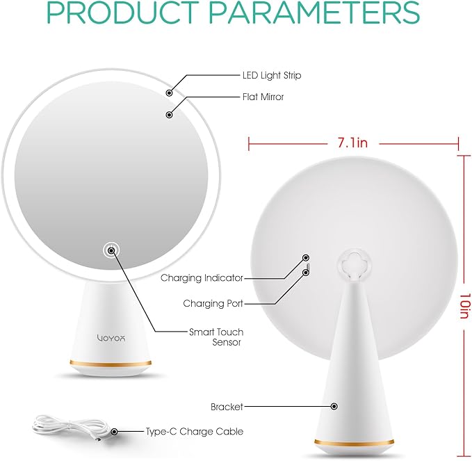 VOYOR Makeup Mirror Rechargeable Travel Vanity Mirror with Lights Removable Desk Mirror Adjustable Angle Light up Makeup Mirror 3 Levels of Adjustable Brightness Led Mirror Makeup CM110