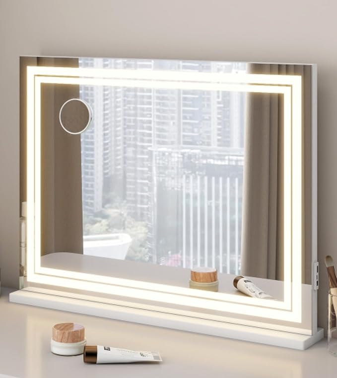 YOURLITE Vanity Mirror with Lights, 32"x 23" Hollywood Mirror with Double LED Lights, 3 Colors Modes & Adjustable Brightness, Makeup Mirrors Vanity Mirror 10x Spot Mirror, USB Charging Port