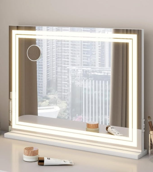 YOURLITE Vanity Mirror with Lights, 32"x 23" Hollywood Mirror with Double LED Lights, 3 Colors Modes & Adjustable Brightness, Makeup Mirrors Vanity Mirror 10x Spot Mirror, USB Charging Port