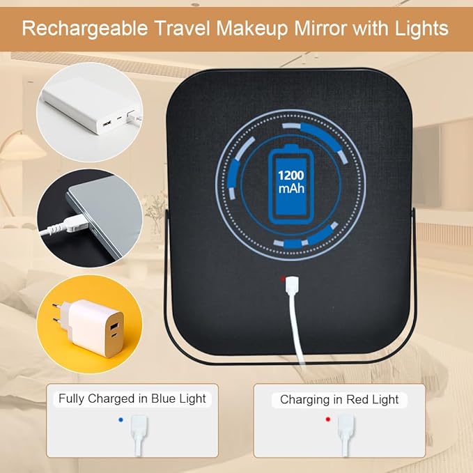 Lighted Vanity Mirror, Rechargeable Travel Makeup Mirror with Lights, 10''x8'' Desk Mirror with Lights,Make up Mirror with Lighting for Makeup Desk ＆ Dressing Room