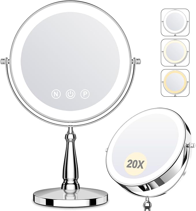 Makeup Mirror with Lights, 9 Inch 20X Magnifying Mirror with Light and 3 Colors for Women, Vanity Mirror with Lights and Adjustable Brightness, Lighted Magnified Mirrors for Delicate Makeup