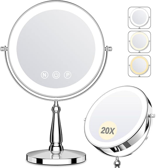 Makeup Mirror with Lights, 9 Inch 20X Magnifying Mirror with Light and 3 Colors for Women, Vanity Mirror with Lights and Adjustable Brightness, Lighted Magnified Mirrors for Delicate Makeup