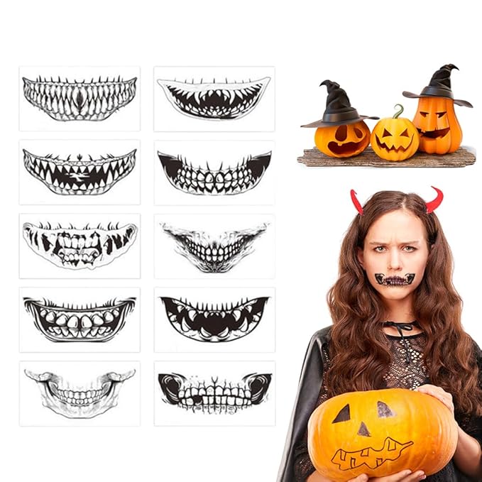 Halloween Prank Makeup Temporary Tattoo, Halloween Face Tattoos Scary Big Mouth Temporary Tattoo for Adults Kids (10 Pcs)