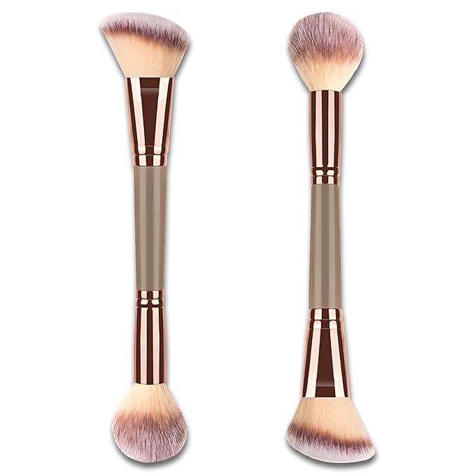 Double-Ended Foundation Makeup Brush, Angled/Round Top for Liquid, Powder & Cream Blending (Brown), champagne gold