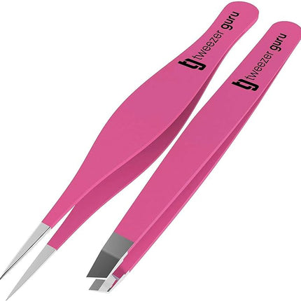 Tweezer Guru Ingrown Hair Tweezers - Pointed Precision Tweezers for Eyebrows & Ingrown Hair Removal - Blackhead and Splinter Tweezer with Sharp Needle Nose Point (2 Piece Set, Pink (Point+Slant))