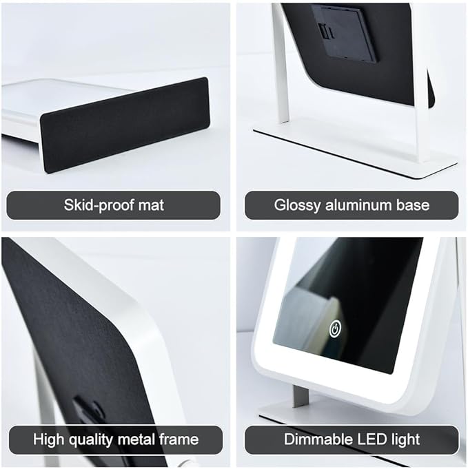 Small Desk Mirror with Lights, Lighted Makeup Mirror with Light, Portable Tabletop Make Up Mirror for Desk, Vanity Mirror with Lights,Smart Touch Control, Dual Power Supply, 360°Rotation