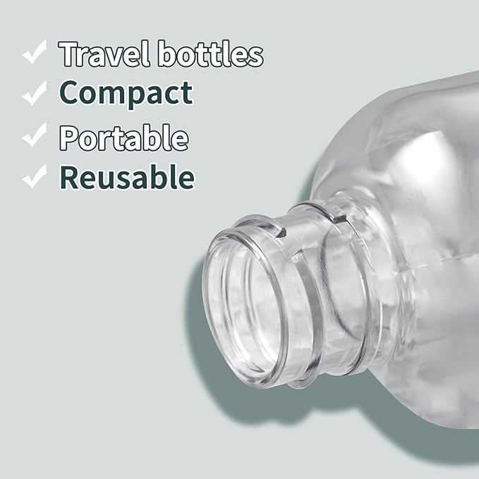 Tekson Plastic Travel Bottles 3.4 oz, Travel Size Containers for Shampoo, Empty Mouthwash Bottles with Clear Screw Cap (100ml, Clear)