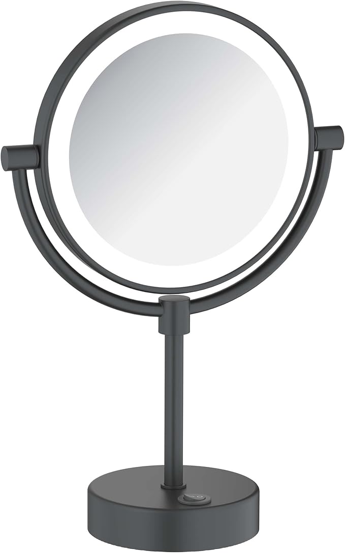 KIBI Circular LED Free Standing Magnifying Makeup Mirror | 360-Degree Swivel Shaving Mirror with Adjustable Brightness | Dual-Sided Vanity Mirror with 5X Magnification (Matte Black, KMM104)