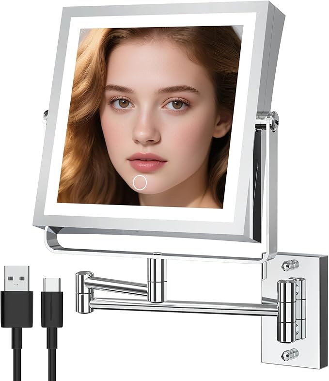 Wall Mounted Makeup Mirror with Lights 4000mAh Rechargeable Double Sided 1X/10X Magnifying Lighted Vanity Mirror with 3 Color Lights & Touch Dimmable 360° Rotation Extension Swing Arm for Bathroom