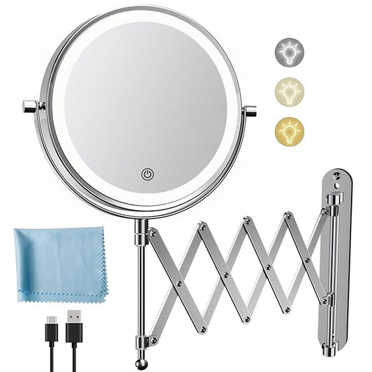 Rechargeable Wall Mounted Makeup Mirror - 8 Inch Double Sided 1X/10X Magnifying Mirror with 3 Color Lights Dimmable Touch Screen, 360°Swivel 19.6 Inch Extendable Accordion Bathroom Mirror - Chrome