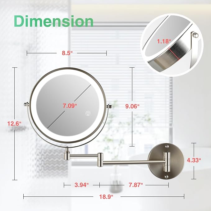 30X/1X Wall Mounted Makeup Mirror with Light: 8.5 Inch Double-Sided, 3 Color Modes, USB-C Rechargeable, 360° Swivel, Brushed Nickel