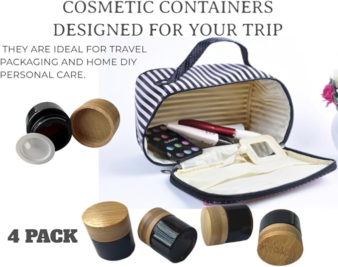 Empty Refillable Glass Cosmetic Jar 4 Pack 10g/0.33oz with Bamboo Lids,Skin Care Travel Containers Pot Vial Holder Sample Storage for Eye Cream Lotion Ointments Lip Balm Brown