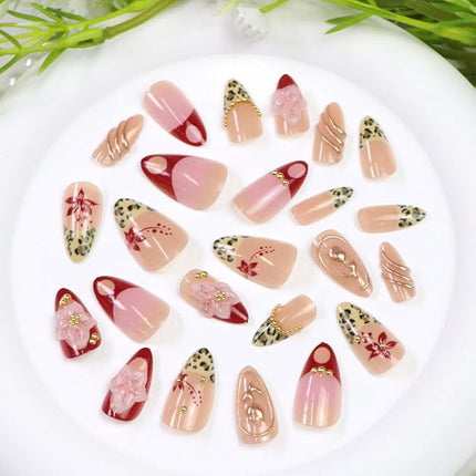 Short Press on Nails Almond Fake Nails with 3D Flower Gold Pearl Leopard Designs Red French Tips Nails Press ons Glossy Nude Pink Acrylic Nail Winter Fall Stick on Nail for Women 24 Pcs