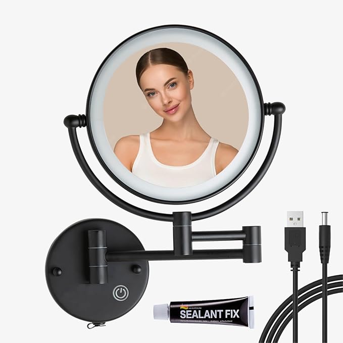 Rechargeable Bathroom Makeup Mirror with Light Wall Mounted, Brass 1/5X 2 Sided Magnifying Mirror with Extension Swing Arm, Touch Dimmable 360 Rotation Foldable Led Vanity Mirror, Matte Black