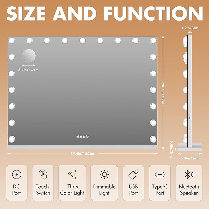 Hasipu Vanity Mirror with Lights and Bluetooth Speaker, 40" x 29" Hollywood Makeup Mirror with 21 Dimmable Bulbs and 10X Magnification, 3 Colors Modes, USB Charging Port, Type-C (White)