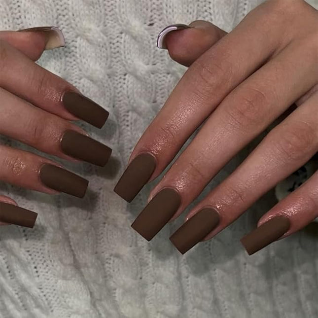 Matte Brown Press on Nails Long Square, KXAMELIE Medium Coffin Nails Press ons Long Glue on Nails Natural Thick Fake Long Nails Acrylic Nails Reusable 24 Fake Nails Solid Color False Nails for Women