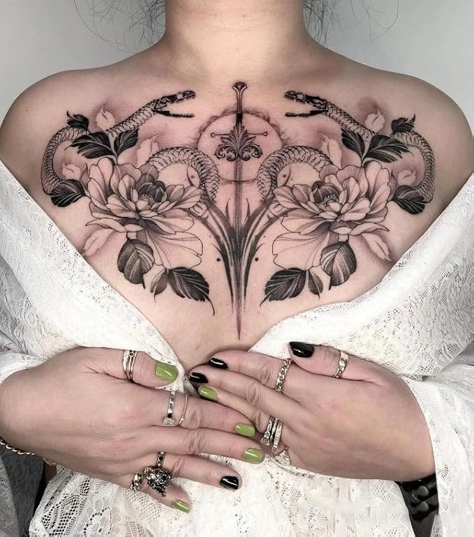 Large Temporary Tattoos Women Temporary Neck Tattoos Temporary Realistic Flower Chest Tattoo for Adults (Temporary Tattoos Sticker 51)