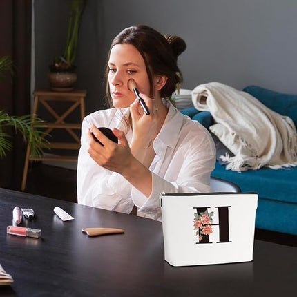 Personalized Makeup Bag, Initial Letter H Makeup Bag for Women Rose Monogram Cosmetic Bags Toiletry Pouch, Monogrammed Gifts for Women Mom Grandma Sister Friends Thanksgiving Christmas Birthday Gift