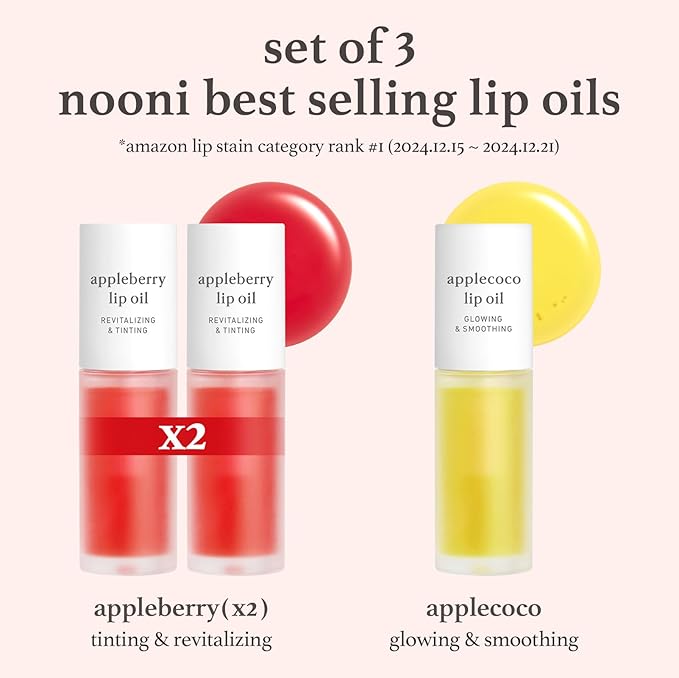 NOONI Korean Lip Oil Gift Set - Appleseed Lip Oil Trio, Tinted Lip Care, Hydrating, Lip Plumping, Long Lasting Moisture, Korean Vegan Makeup for Women, Travel Size, Mini Set, 0.12 Fl Oz x 3ea
