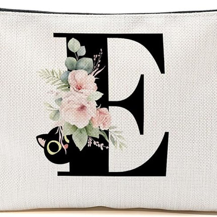 Floral Cat Initial Makeup Bag, Personalized Skin Care Bag, Travel Organizer Toiletry Bags for Women Mom Friends, Cosmetic Bags Makeup Pouch with Zipper, Letter E
