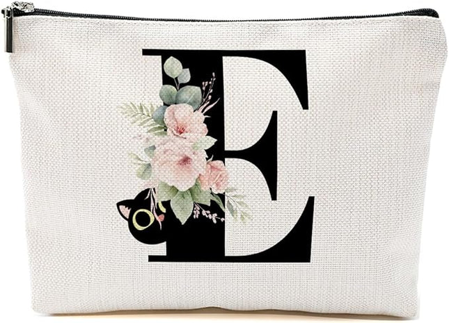 Floral Cat Initial Makeup Bag, Personalized Skin Care Bag, Travel Organizer Toiletry Bags for Women Mom Friends, Cosmetic Bags Makeup Pouch with Zipper, Letter E