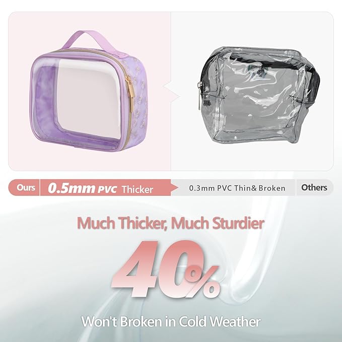 PACKISM Floral Texture TSA Approved Toiletry Bag - 180° Large Opening Clear Makeup Bags with Handle, Easily Access, Clear Travel Bags for Toiletries TSA Approved, Thick 0.5 mm, Purple