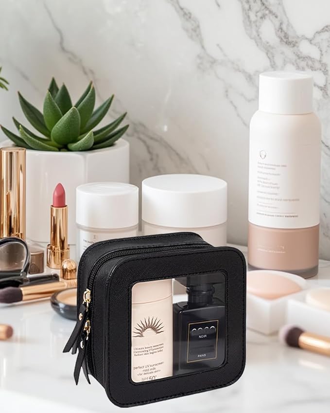 2 Pcs Travel Clear Makeup Bag Set, Clear White Makeup Organizer with Zipper Leather Travel Bags for Toiletries Small Cosmetic Bags for Women Mini Make up Pouch Toiletry Bags Car Essentials