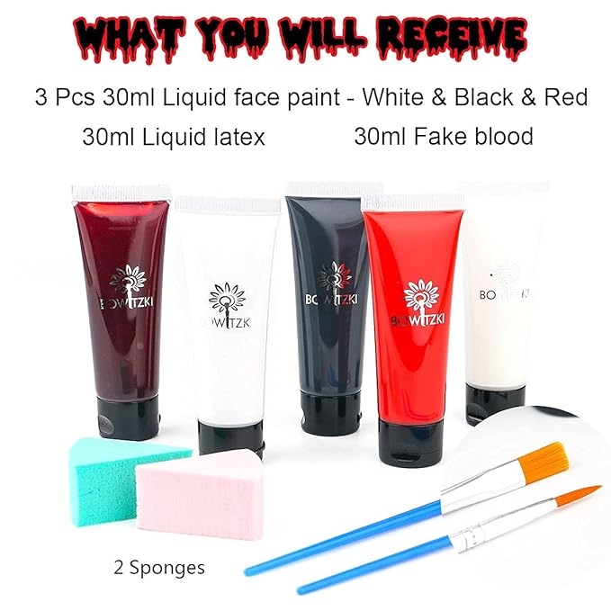 Bowitzki Halloween Makeup Kit Cream Face Paint Water Based Liquid Latex Fake Blood Brush Sponges Body Painting Special Effects SFX Zombie Vampire Monster Christmas Party red black white