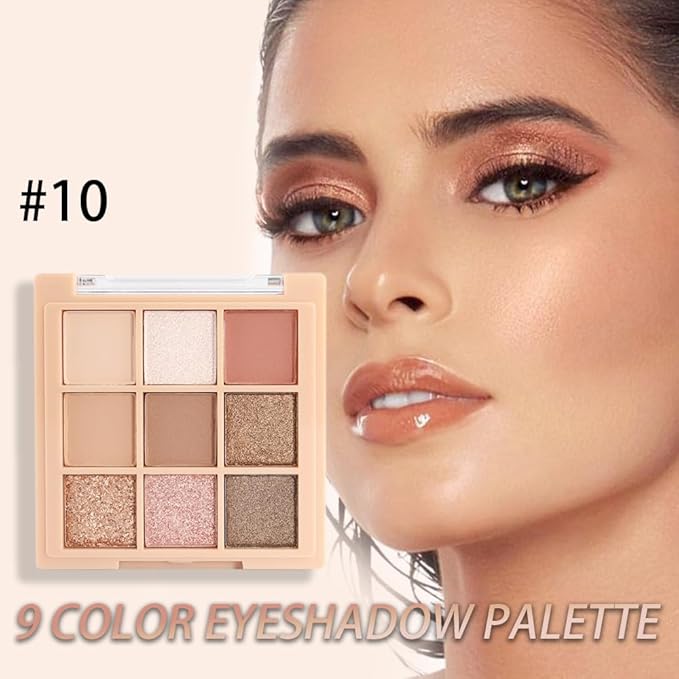 9Colors Nude Champagne Gold Rose Brown Colorful Glitter Eyeshadow Palette Makeup,Korean Natural Neutral Rainbow Eyeshadow Palettes Naturing-Looking Long Lasting Waterproof Blendable