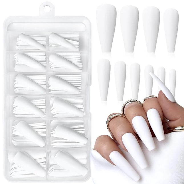 LoveOurHome 100pc Coffin Press on Nails Long Fake Nails White Matte Full Cover False Nails Press ons Artificial Nail Medium Ballerina Fake Fingernail Presson on Nail Tips for Women Kids Girls