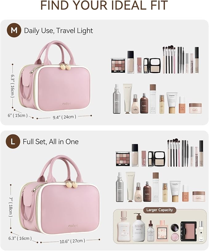 Prite Makeup Bag for Women, Large Capacity Waterproof Travel Cosmetic Organizer, Portable Open Flat Toiletry Bag with Free-standing Brush Holder and Handle(Pink Medium)