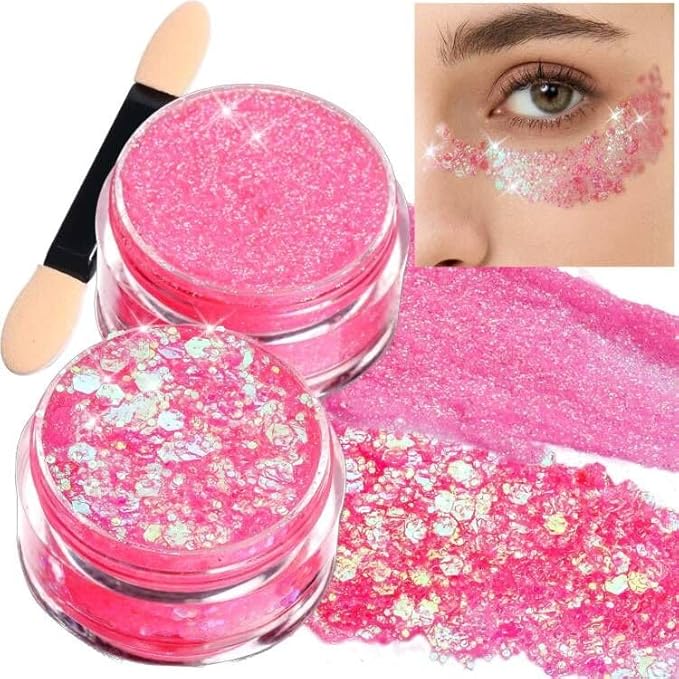 Teenitor Face Glitter, 2pcs Pink Body Glitter Gel, 20g/0.7oz Makeup Glitter for Face, Body, Eye, Hair Glitter Gel, Pink Glitter Gel for Face & Body - 2 Sizes, Festival Glitter Gel