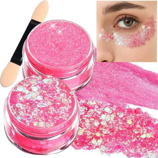 Teenitor Face Glitter, 2pcs Pink Body Glitter Gel, 20g/0.7oz Makeup Glitter for Face, Body, Eye, Hair Glitter Gel, Pink Glitter Gel for Face & Body - 2 Sizes, Festival Glitter Gel