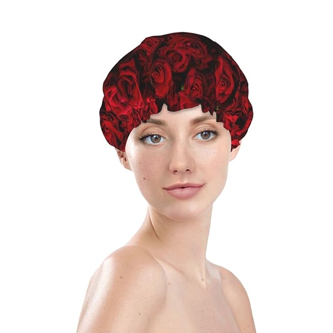Red Rose Flowers Shower Cap For Women Reusable Waterproof Double Layers Bath Cap Hair Protection Elastic Ladies Spa Salon Shower Hat