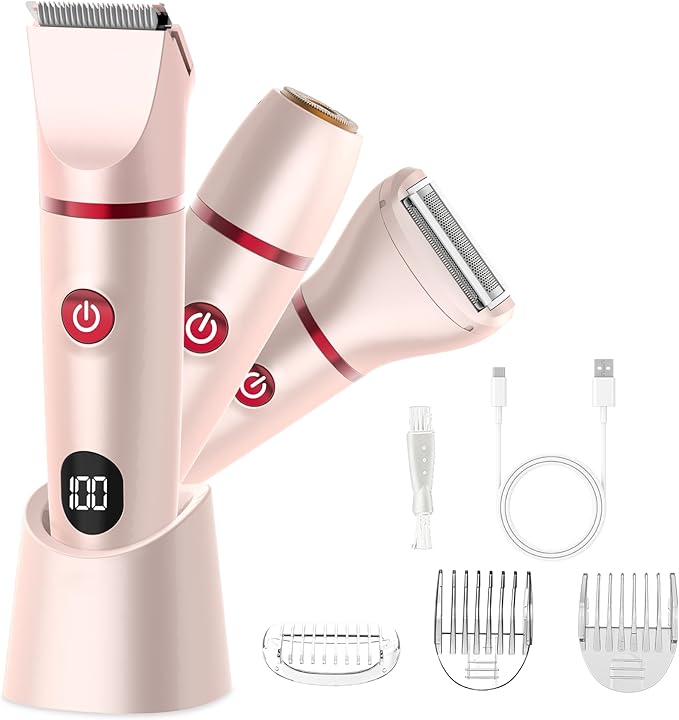 Bikini Trimmer for Women, Electric Razor for Pubic Hair 3-in-1, Bikini Shaver for Legs Body Hair, Womens Electric Razor IPX6 Waterproof, Gifts for Women,Pink