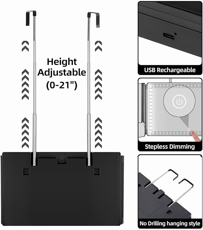 Vanexiss Rechargeable 3 Way Mirror for Hair Cutting, Real Glass Adjustable Trifold Mirror with 3 Color Temps LED Light & Telescoping Hooks for Makeup, Shaving & Styling