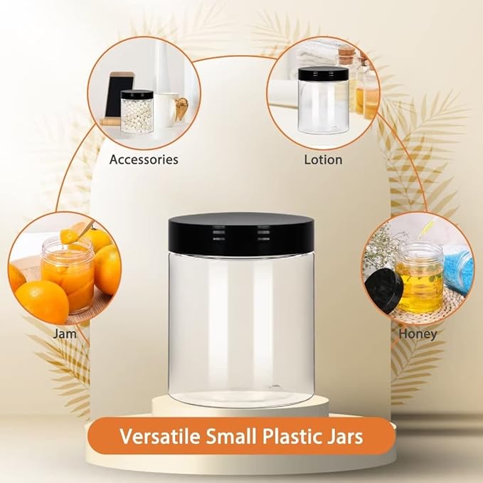 8oz Plastic Jars with Lids 36Pack, 8fl.oz Plastic Containers with Lids- Clear Food-grade Plastic Storage Containers with Black Screw Lid for Liquid and Solid Products (8fl.oz, 36Pack)