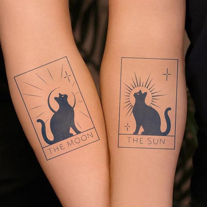 Mystical Black Cat Temporary Tattoos – 4 Unique Moon & Sun Designs, Mystical and Fantasy-Inspired, Realistic & Long-Lasting for Adults