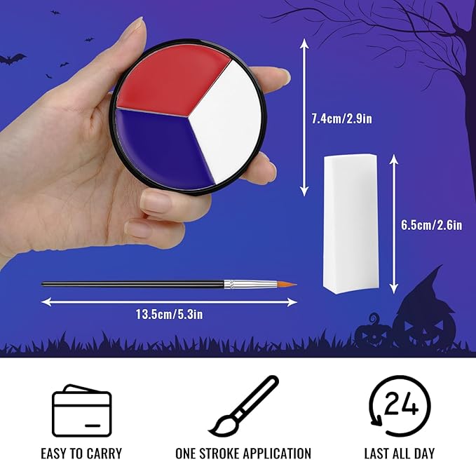 US Flag Red White Blue Face Painting Kit, 3 Colors Facepaint + 3PC Sponge + Brush for Halloween Costume Clown Joker, Eye Black for Sports & 4th of July Independence Day America’s Patriotic Parades