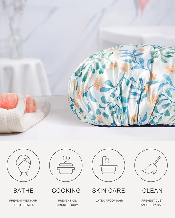 Shower Caps, Terry lined Reusable shower cap Waterproof Large Shower Cap for Women, Triple Layer Shower Caps for Long Thick Hair