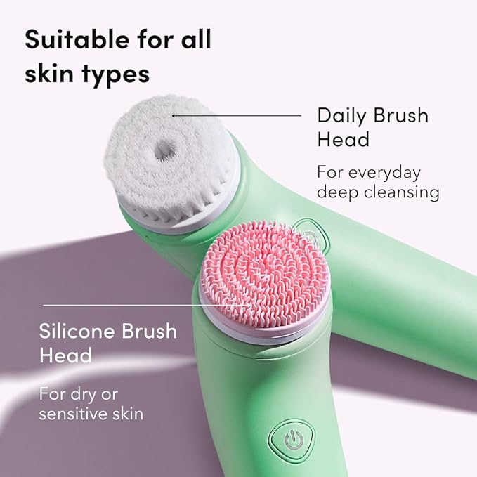 Fancii Facial Cleansing Brush with Self Cleaning Station, Rechargeable & Waterproof - Electric Face Scrubber for Gentle Exfoliation and Deep Scrubbing - 2 Exfoliating Brush Heads, Skylar (Green)