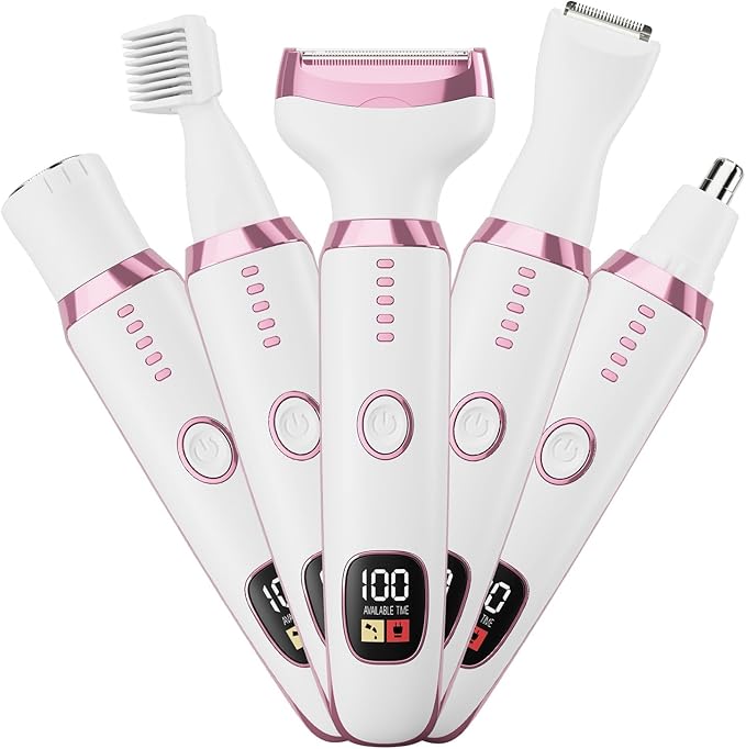 RUIM Bikini Trimmer for Women, 5 in 1 Electric Razors for Shaving, Waterproof Rechargeable Pubic Hair Trimmer with LED Display, Pink