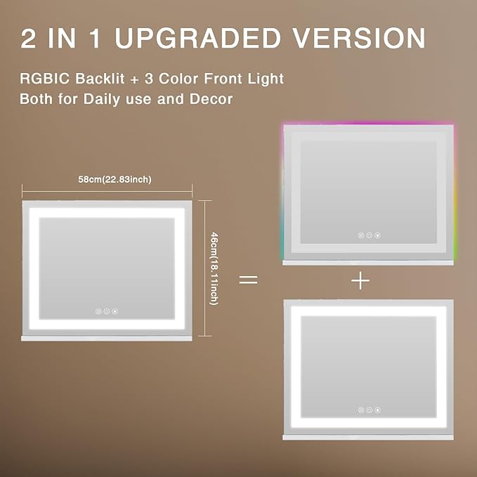 COOLJEEN RGB Vanity Mirror with Lights 23” X 18” Makeup Mirror with Front Light and RGB Backlit Lighted Makeup Mirror with 3 Color Lighting Dimmable Tempered Glass 10x Magnification and Wall-Mounted